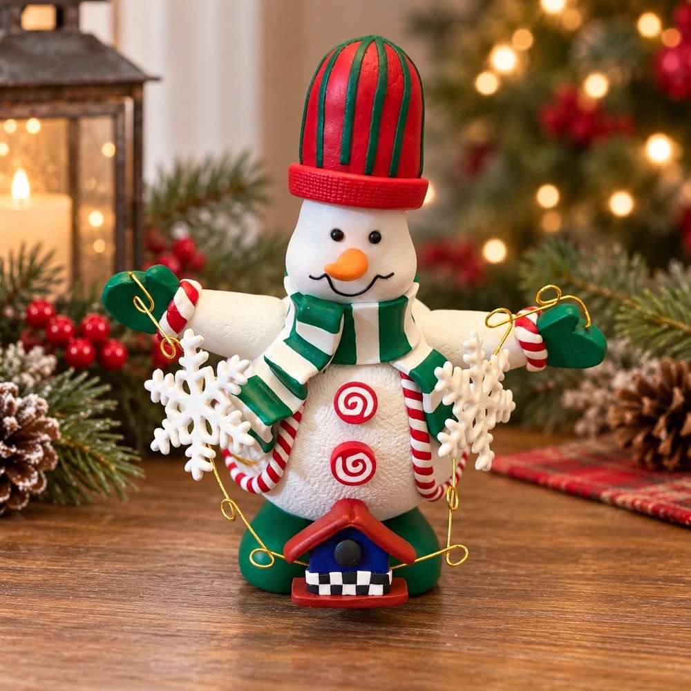 Christmas Snowman Figurine Candy Cane Snowflakes Red Green Holiday Decor 6"
